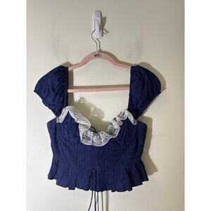 For Love and Lemons Navy Lace Trimmed Crop Top Sz S